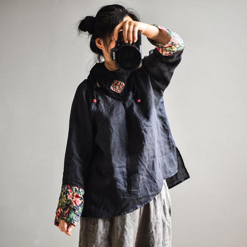 Johnature Spring Autumn Vintage Retro Patchwork O-neck Long Sleeve Cotton Linen Shirt Leisure Loose Blouses