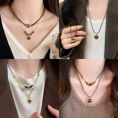 Gold-Plated Coffee Brown Tiger Eye Necklace - Vintage High-End Fashion Clavicle Chain Jewelry
