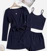 Three-Piece Women's Waffle Knit Lounge Set: Camisole, Shorts, and Outer Robe Pajamas