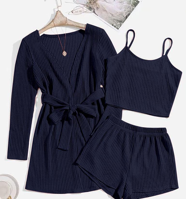 Three-Piece Women's Waffle Knit Lounge Set: Camisole, Shorts, and Outer Robe Pajamas