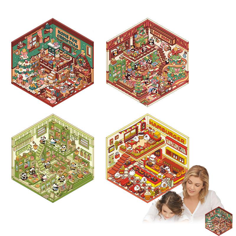 Christmas Theme Diy 3D Sticker Cartoon Pocket Cabin Scene Stacking And Pasting Festival Birthday Gift For Kids Student