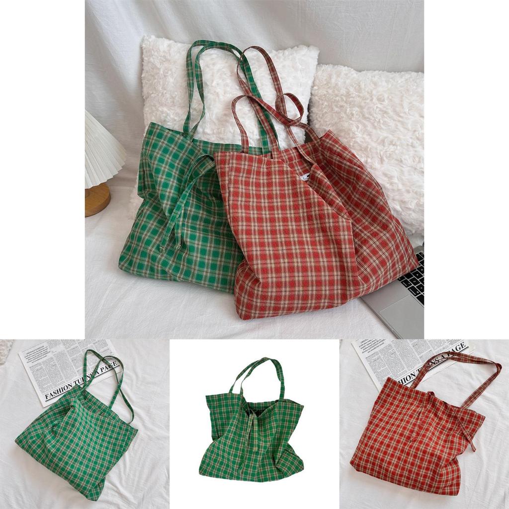 L310 Retro Plaid Canvas Bag Stylish Versatile Lightweight Shoulder Tote For Women