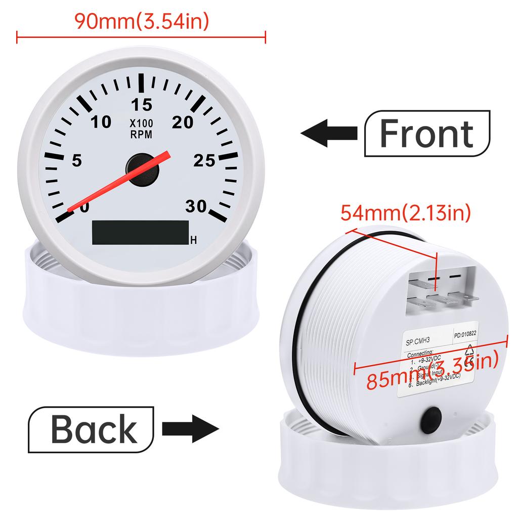 85MM Tachometer with Red Backlight 3000RPM Tacho Gauge Hourmeter Gauge M16 M18 Tacho Sensor For Marine Boat Car Truck 9-32V