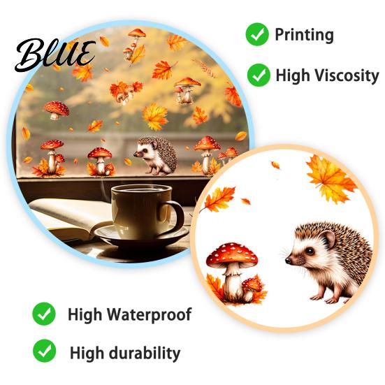 Thanksgiving Home Decor 2PCS Autumn Hedgehog Static Window Clings Fall Maple Leaf Mushroom Glass Stickers Reusable Stickers No-Adhesive Decals