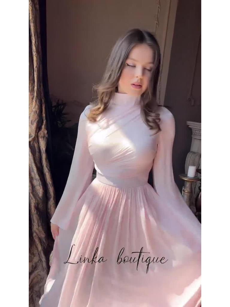 2025 European & American Style Women's Long White High-Neck Waist-Cinching Half-Sleeve Dress