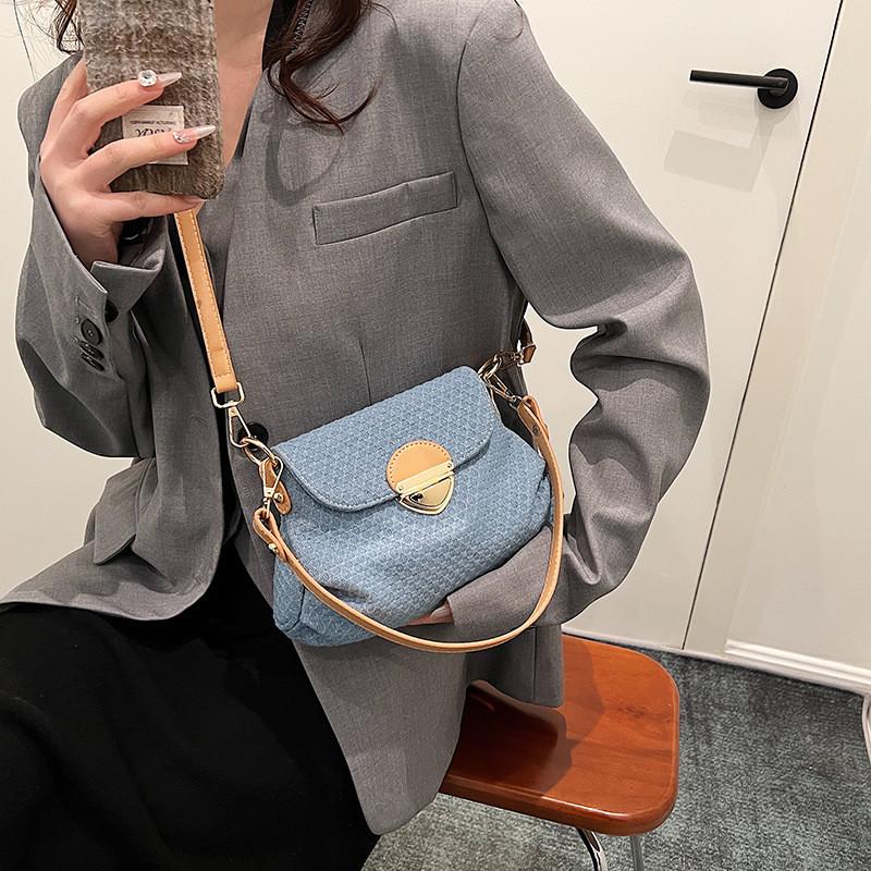 Urban Minimalist Style Denim Underarm Bag With Color Blocking And Grid Pattern BeigeBlue