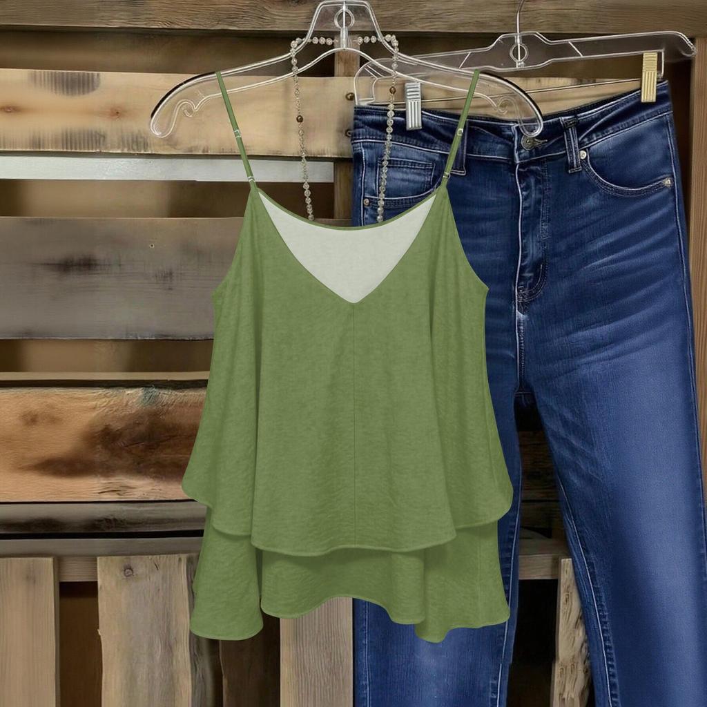 Women Sleeveless Double Layer Camisole Top Solid Color Strap Summer Casual Loose Fit Lightweight Blouse