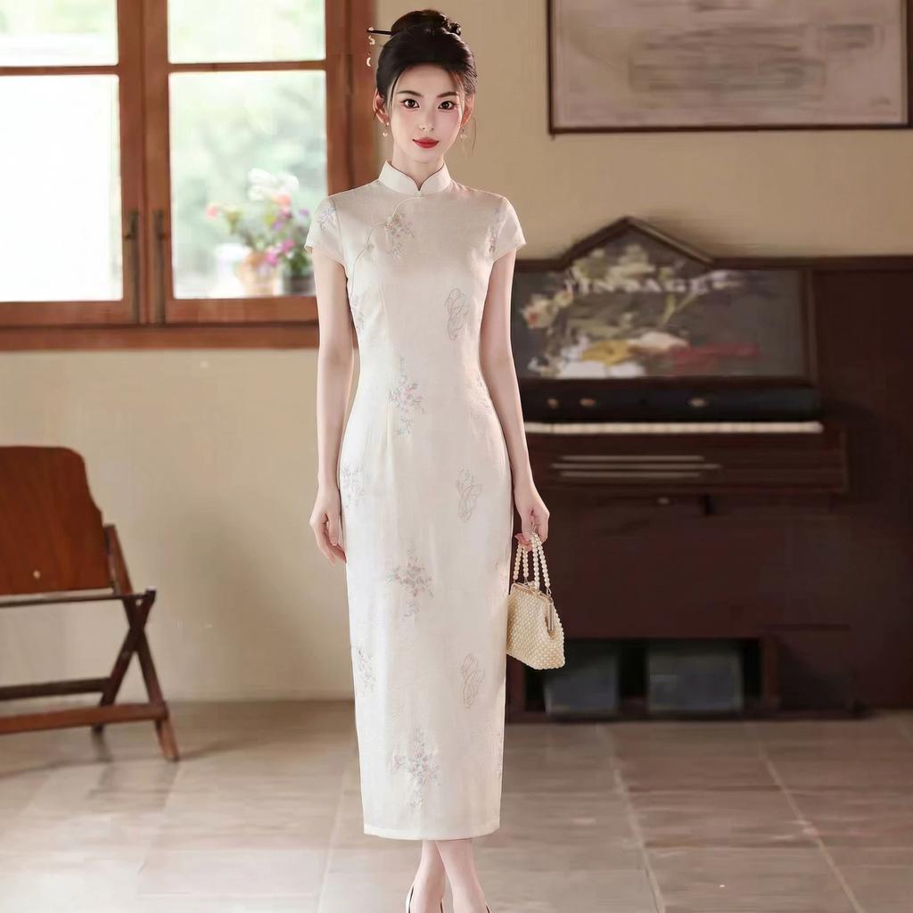 Vintage beige improved gentle white elegant temperament 1011 new daily commuting young slim dress summer