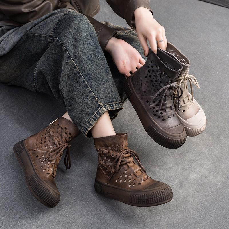 Fashion GKTINOO Summer New Women's Hollow Out Ankle Boots Genuine Leather Shoes Woman Low Square Heel Boots Ladies Zip Breathable Shoes