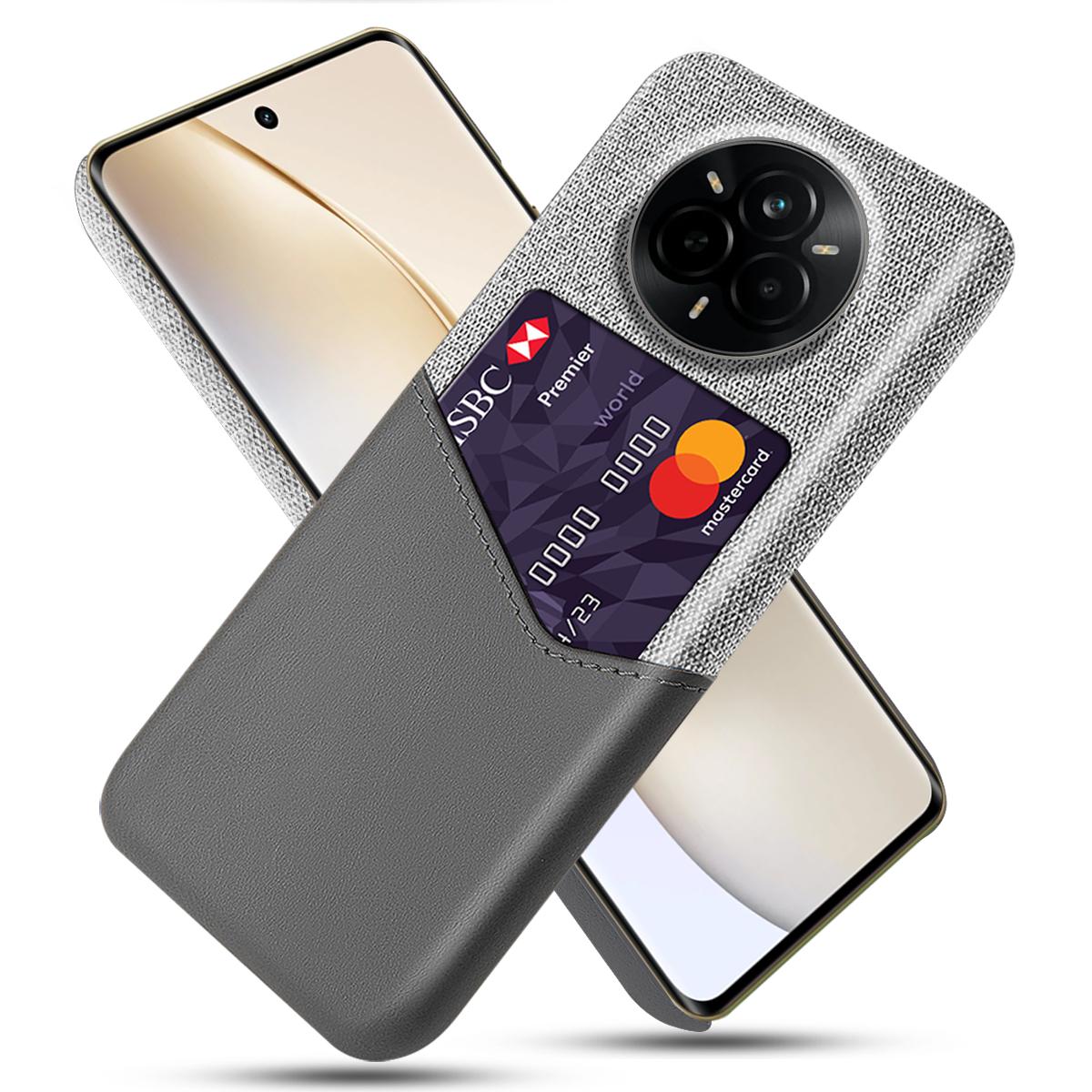 

For Realme 14 Pro 5G Case PU Leather Cloth Texture Hard PC Phone Cover with Card Holder Grey