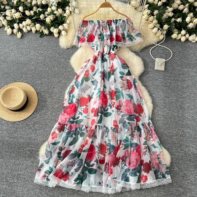 High Quality Floral Beach Maxi Dress Women Slash Neck Elastic Vacation Chiffon A Line Dress Lace Print Long Sundress