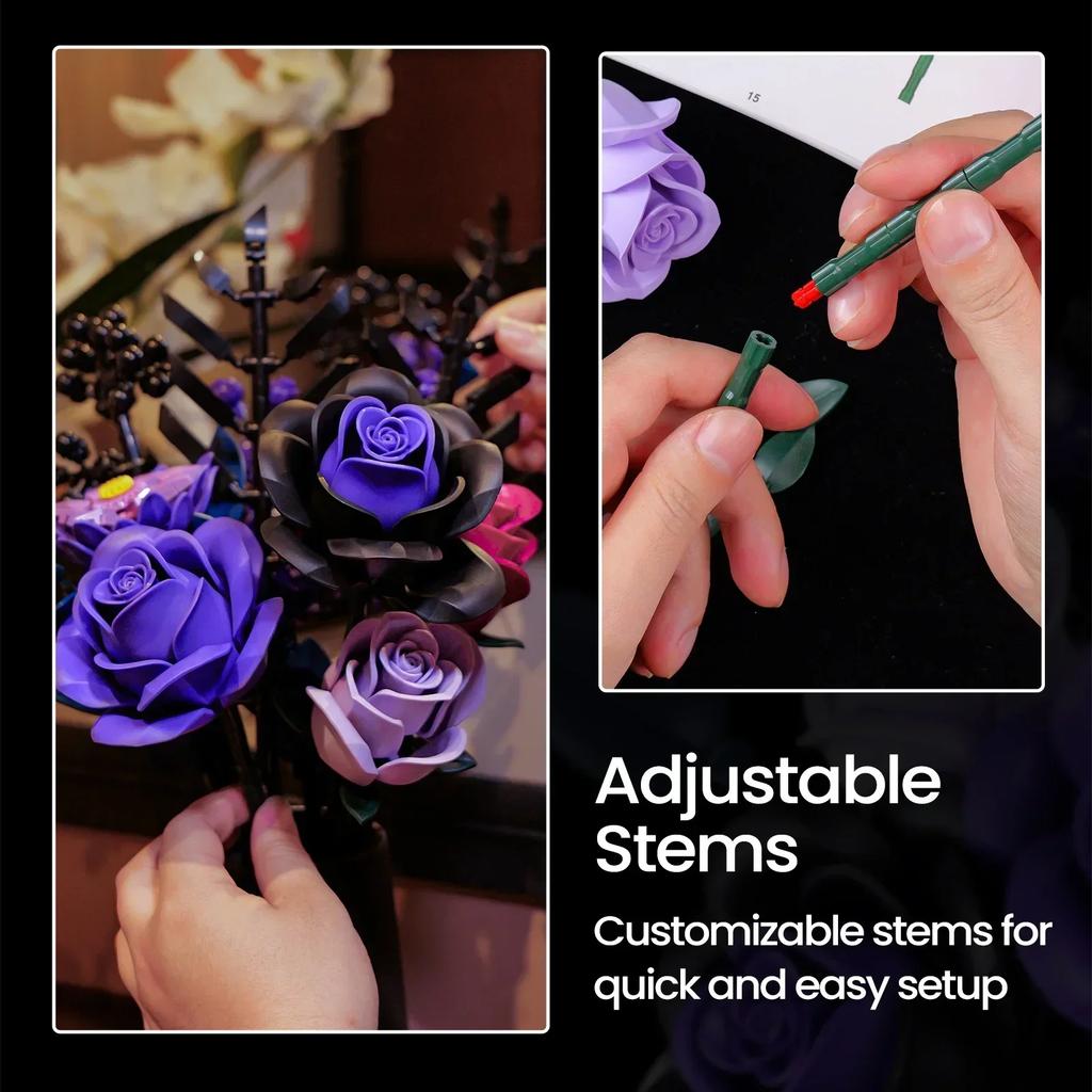 BuildMOC Lila Rose Botanisches Baustein-Set, Gothic Dekor Künstlicher Rosenblumenstrauß Modell Spielzeug Valentinstagsgeschenke