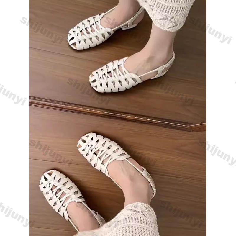Fashion Women's Sandals 2025 New Weave Baotou Lightweight Comfortable Casual Shoes Hollow Breathable Fashion Luxury Square Toe Sandals