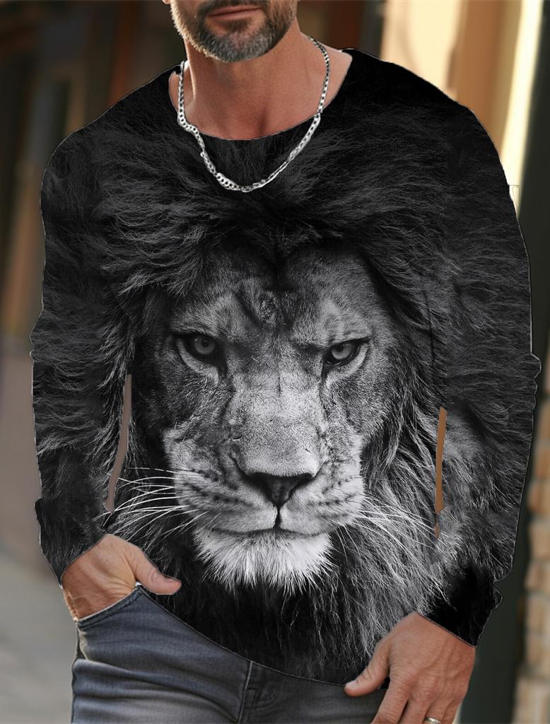 Men's T-shirt pattern lion pattern printing round neck brown 3D printing outdoor daily long sleeved printing clothing designer