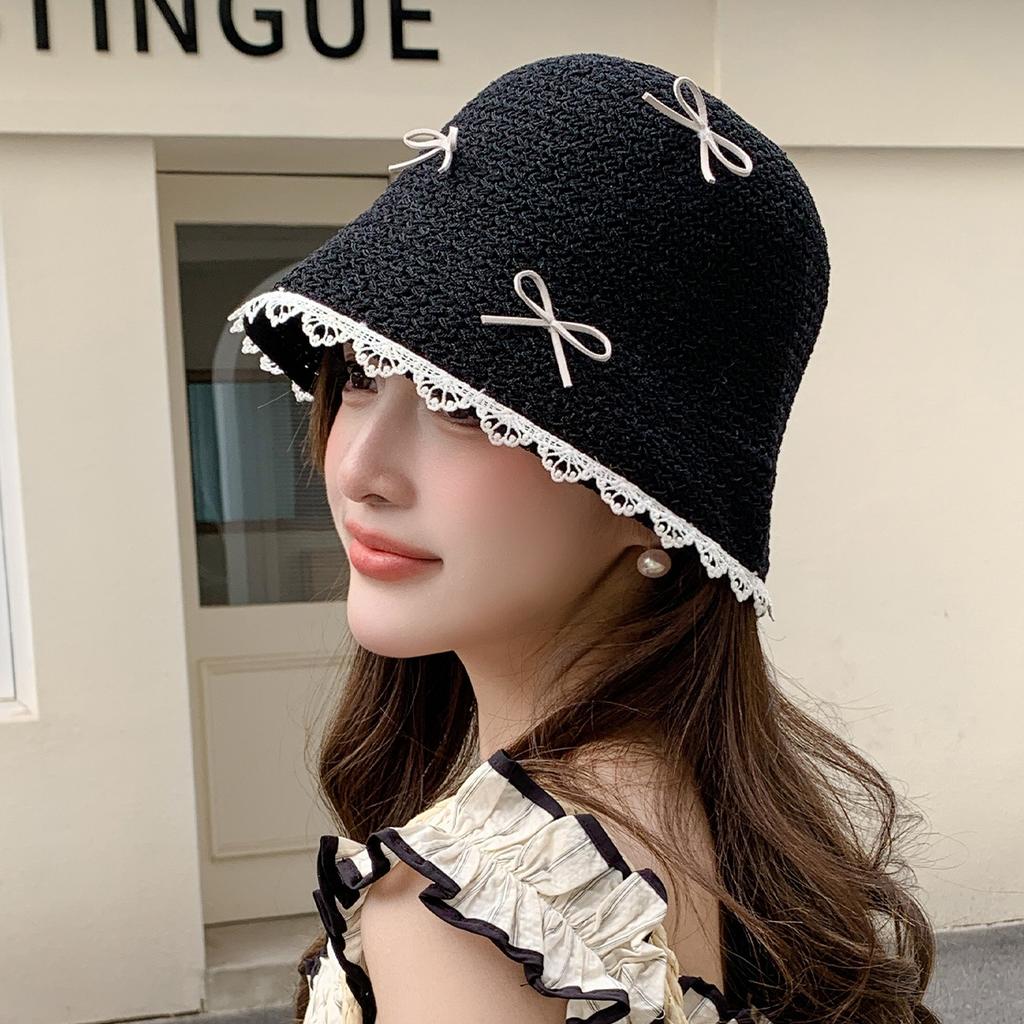 New Hollow Bucket Hat Women's Summer Breathable Sunscreen Hat Sweet Bow Sunshade Bucket Hat