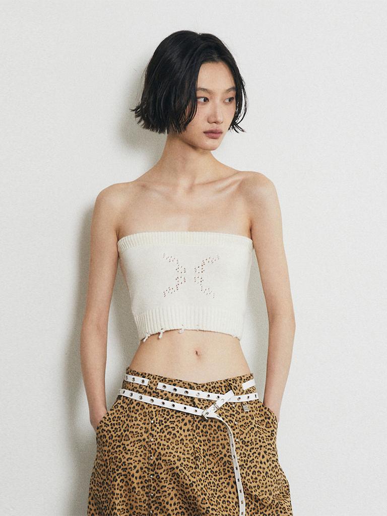 HALF DEVIL US Knit Punching Logo Two-Way Tube Top_Ivory