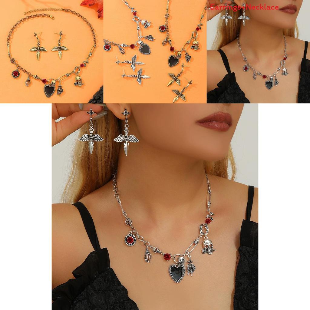 Halloween Skull Jewelry Set With Vampire Rose Pendant And Earrings For Men And Women