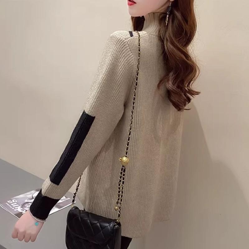 Semi-turtleneck Sweater Women's Autumn and Winter Thickened Design Sense Women's Knitted Sweater Winter Velvet Versatile Loose Bottoming Top