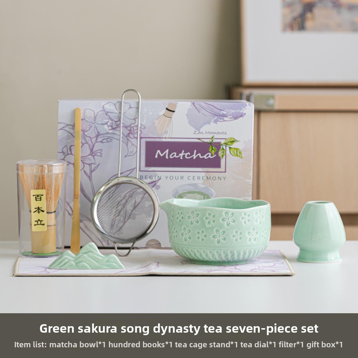 

New Beginner Sakura Matcha Set 7pc Japanese Embossed Ceramic Bowl Spout Whisk Ceremonial Matcha Tools Luxury Gift Box