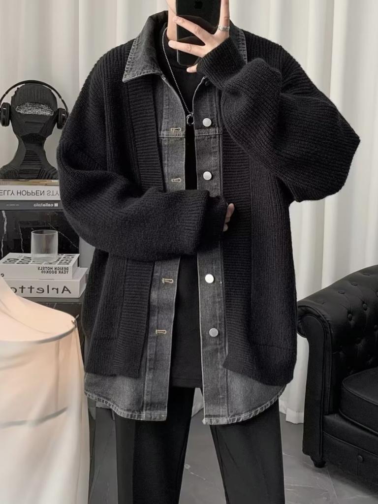 Denim splicing fake two-piece cardigan sweater jacket men's autumn and winter design sense knitted sweater casual loose sweater