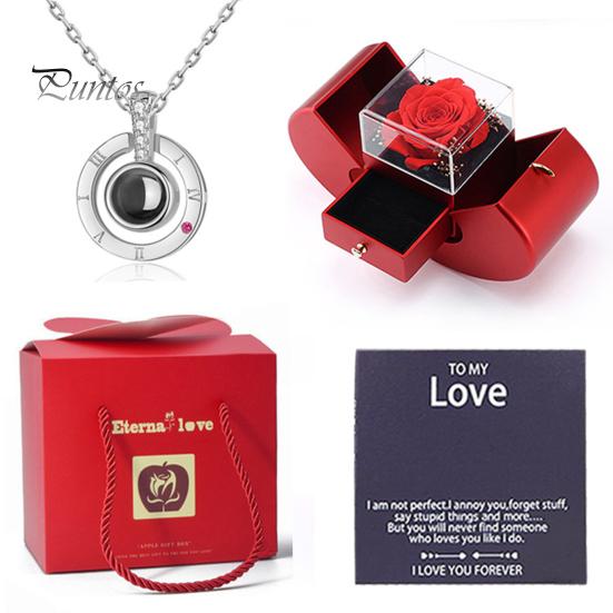Women Necklace with Storage Case Ultralight Non-Fading Sparkling Jewelry Necklace Greeting Card Preserved Rose Gift