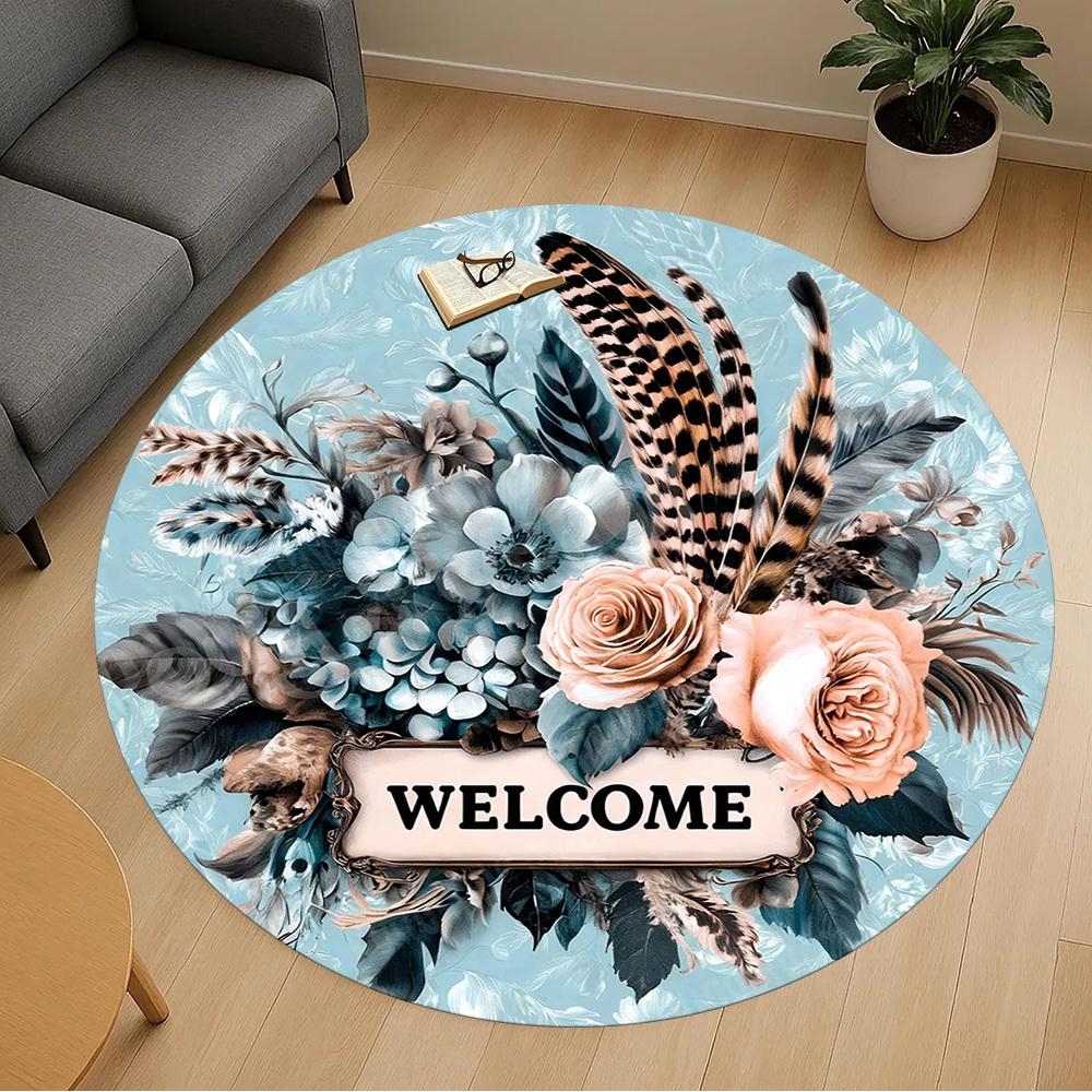 1PC Floral Welcome Office Round Area Rug, Under Office Chairs Bedroom Living Room Home Decor, Carpet for Office -1110107