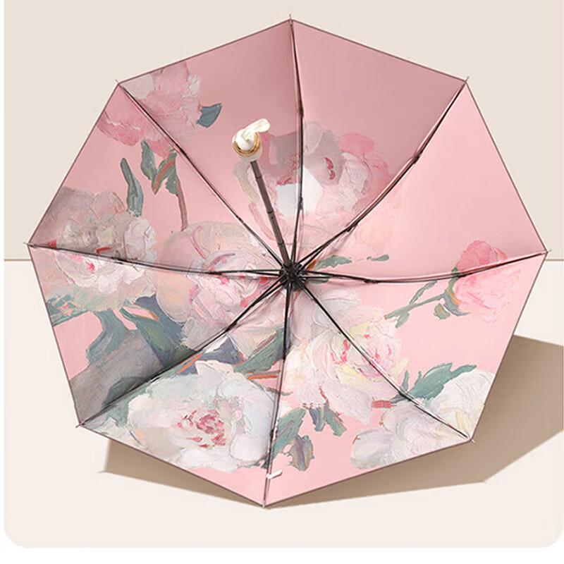 APLO Automatic Pink Peony Black Glue UV Protection Travel Umbrella