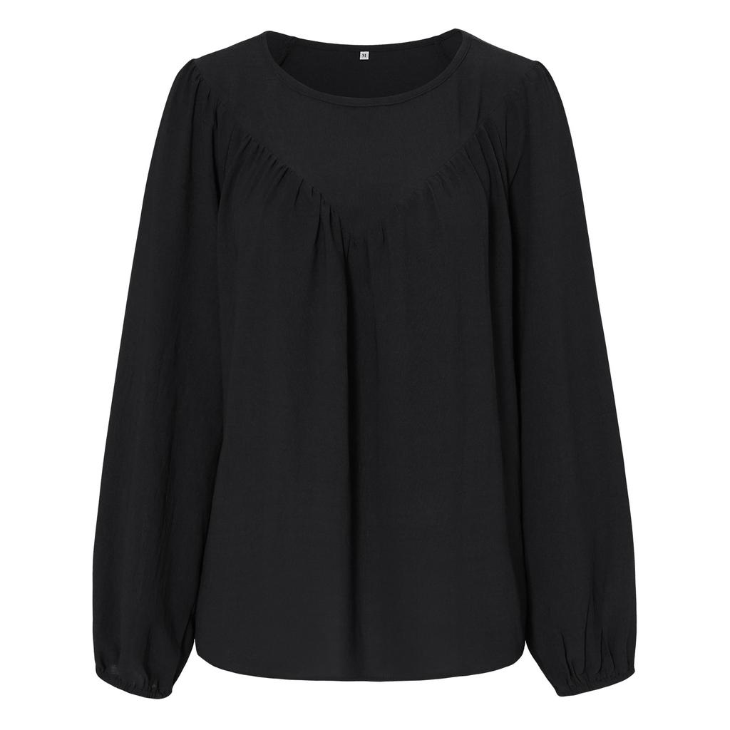 Women Autumn Solid Color Round Neck Pullover Loose Long Sleeve T Shirt Top