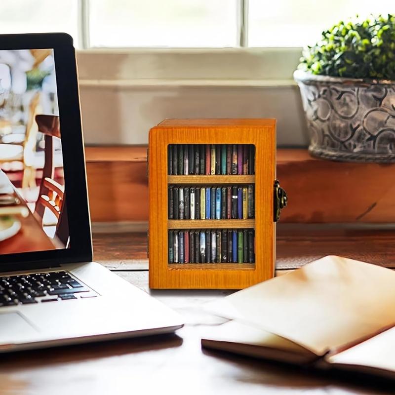 Miniature Bookcase with 60 Books Wood Desktop Bookshelf Decoration For Office Workers Stress Teacher Writer Relief