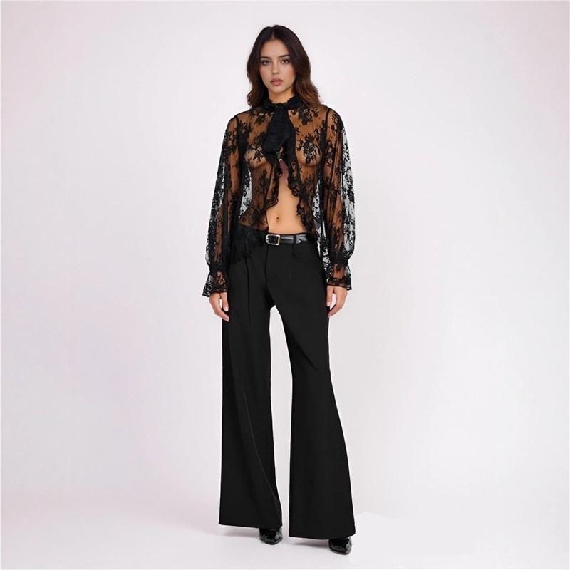 

Spring Autumn Women Blouse Sexy Slim Long Sleeve Lace Top Open Stitch Fashion Hook Flower Hollow New Style Tops L чёрный