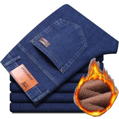 Men's Fleece-Lined Denim Trousers - Autumn/Winter New Style Relaxed Straight-Leg Design with Fleece Lining for Warmth