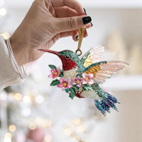 Acrylic Hummingbird Hanging Decoration Indoor Outdoor Garden Yard Window Wall Hanging 2D Flat Flower Colorful Bird Ornament