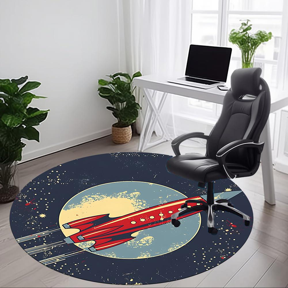 1pc Rocket Moon Office Round Area Rug, Indoor Mat Suitable For Office, Under Office Chairs Bedroom Living Room Home Decor, Room Deco