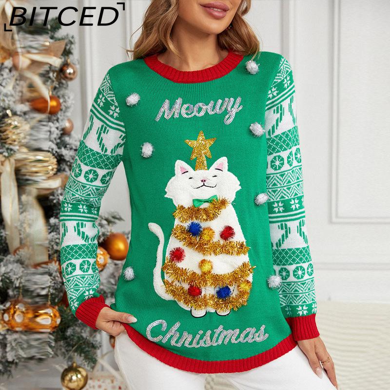 BITCED AutumnWinter Jacquard Pullover Christmas Sweater with Cartoon Kitten Embroidery Red Knitwear XL зелёный 2509₽