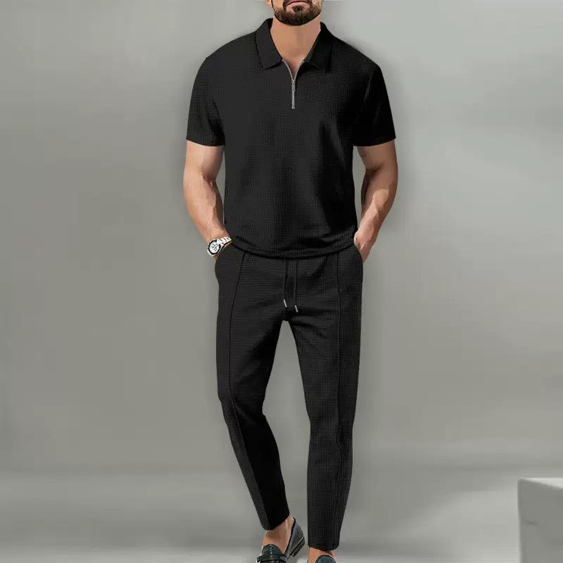 Mens Waffle Fabric Half Zip Collar Short Sleeve Top And Long Pants Casual Sports Set