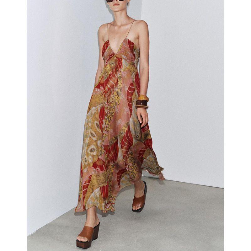 Summer New Product Women's Clothes Vacation Style Casual V-neck A- line Hem Print Midi Skirt Dress 3508147