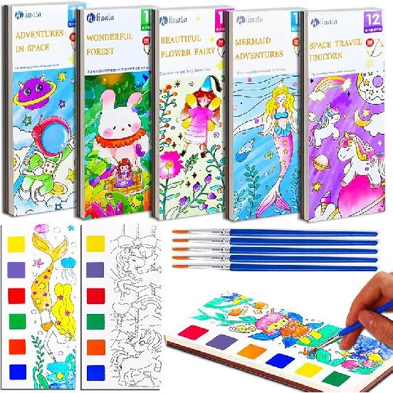 JUNQIU 5Pack Water Color Paint Sets for Kids, Paint With Water Books for Kids Ages 4-8, Pocket Watercolor Painting Book, Arts and Crafts Kit Easter