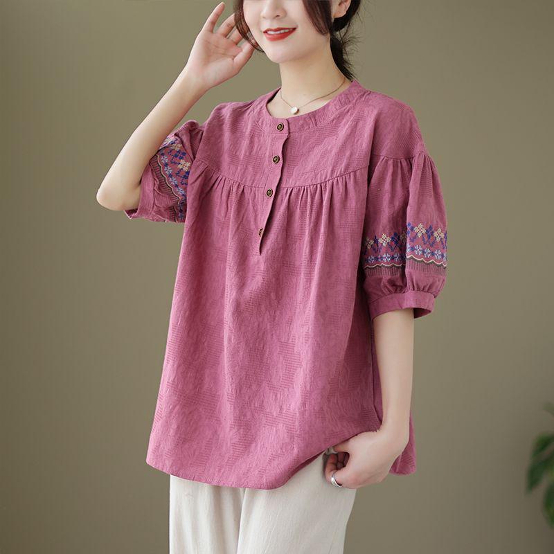 Chic Embroidered Cotton Linen Plus Size Summer Suit for Women - Short Sleeve Two-Piece Set