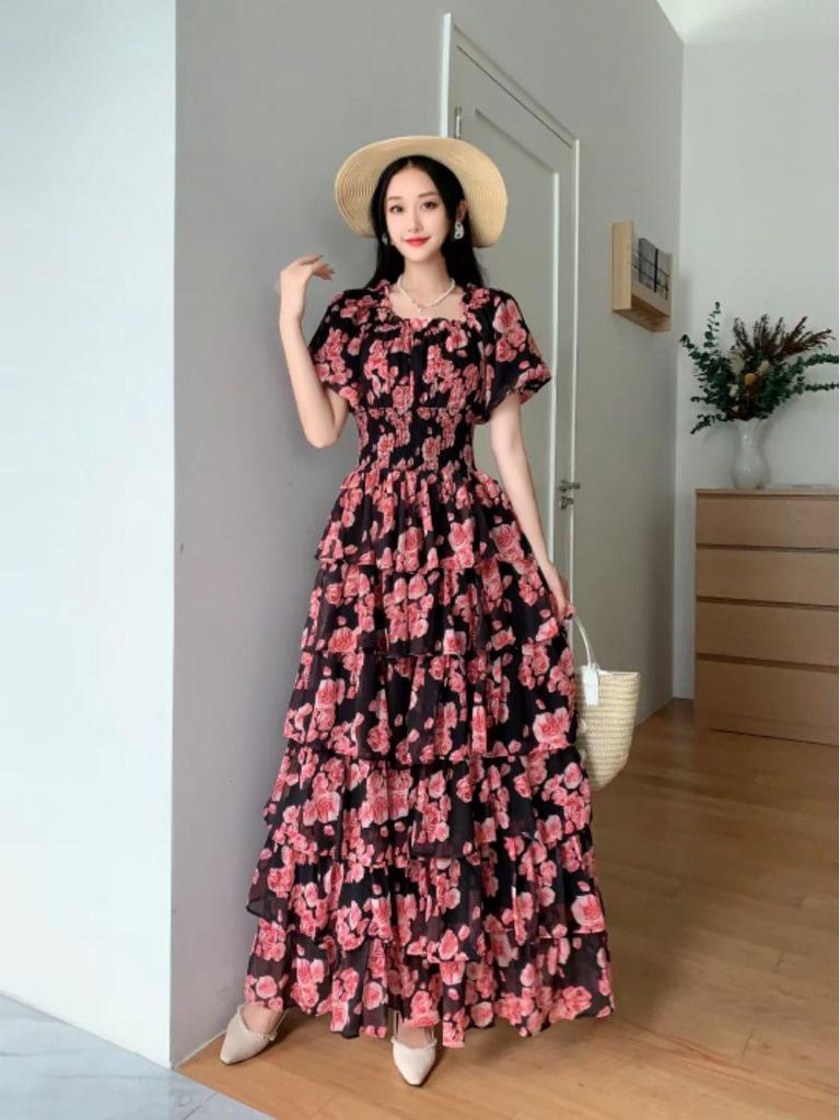 Retro Floral Chiffon Slimming Dress: Women's Summer Puff Short Sleeve High-End Vacation Cake Dress