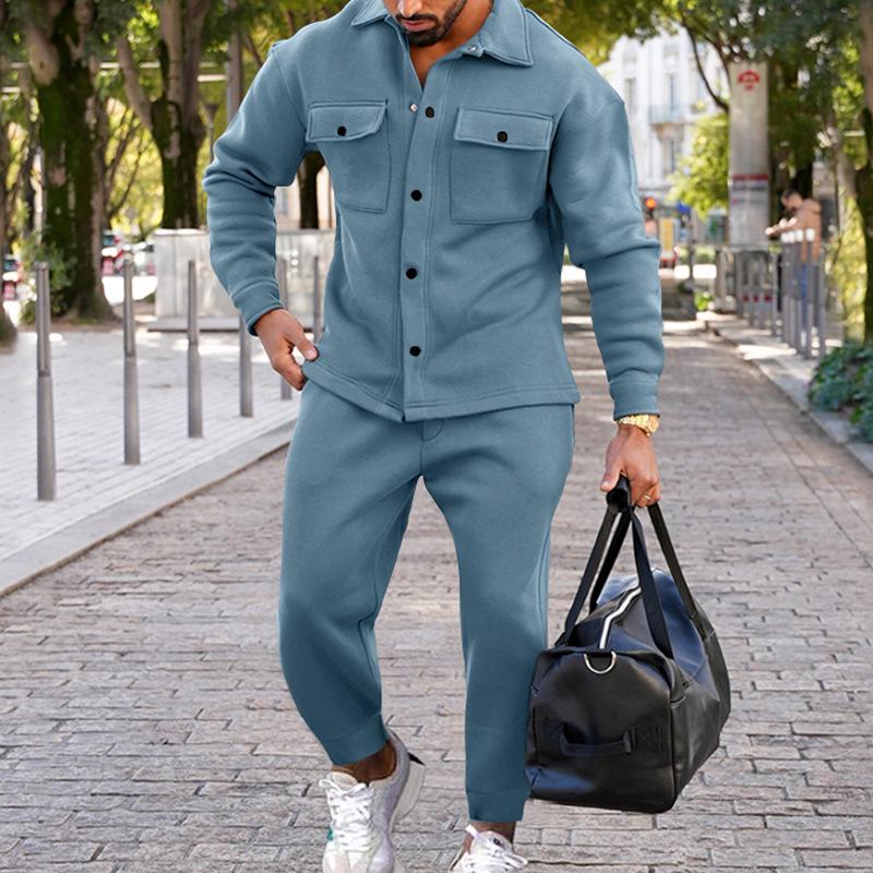 Men's Slim Fit Suede Jacket and Pants Set - Solid Color, Single-breasted, Autumn/Winter European Style.