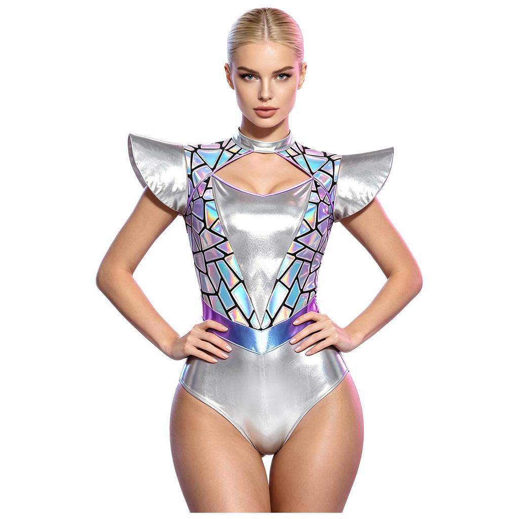 Dames Alien Cosplay Bodysuit Metallic Kleurovergang Pailletten Cut-out aan de voorkant Hoge hals Vliegmouw Leotard voor Halloweenfeest Optreden