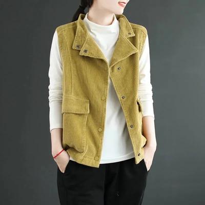 Plus Size Literary Retro Corduroy Stand-up Collar Corduroy Vest Spring Autumn and Winter Ladies Waistcoat All-match Waistcoat Vest