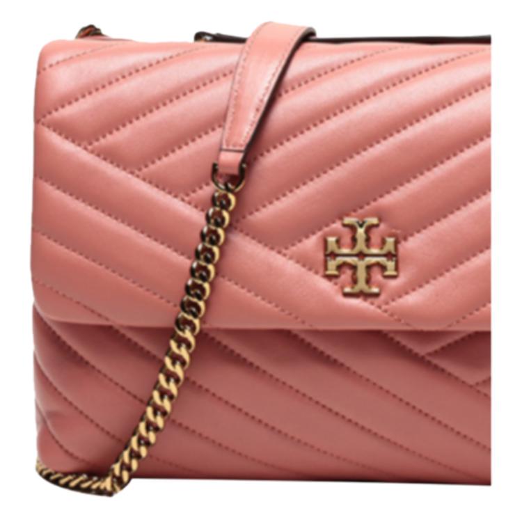 Tory Burch Kira Metal Logo Chain Houndstooth Quilted Lambskin Crossbody Bag Large Women Bags Coral 58465-238