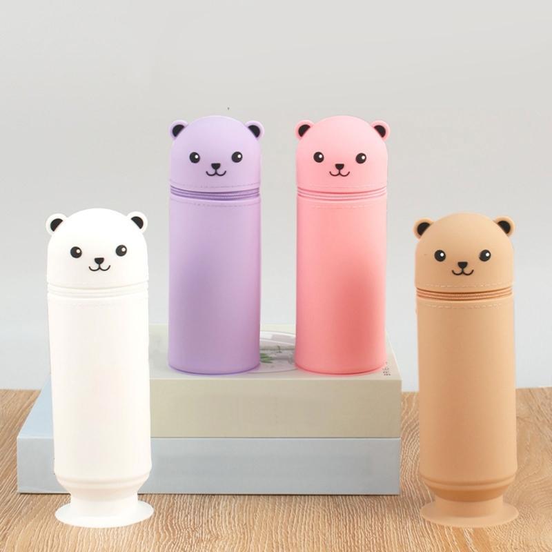 Large Capacity Pencil Case Cartoon Bear Pencil Box with Suction Cup Silicone Pen Bag for Students Teens Girls Boys