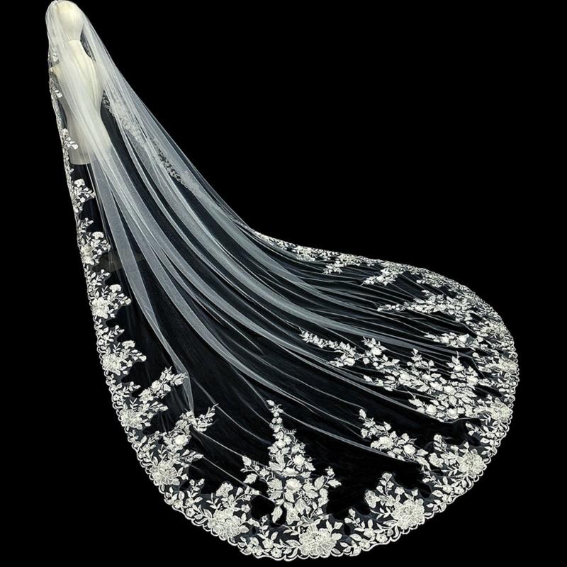 Handgjord Spets Bröllopsvepa Bekväm Slöja Glittrande Elegant Slöja Lätt Vikt för Elegant Brud
