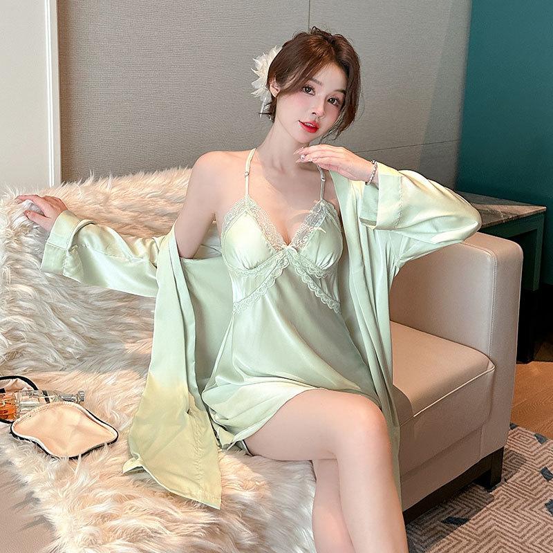 Satin Chiffon Spring and Autumn New Silk Long-sleeved Pajamas Sexy Ice Silk Pajamas Women's Summer with Chest Pads