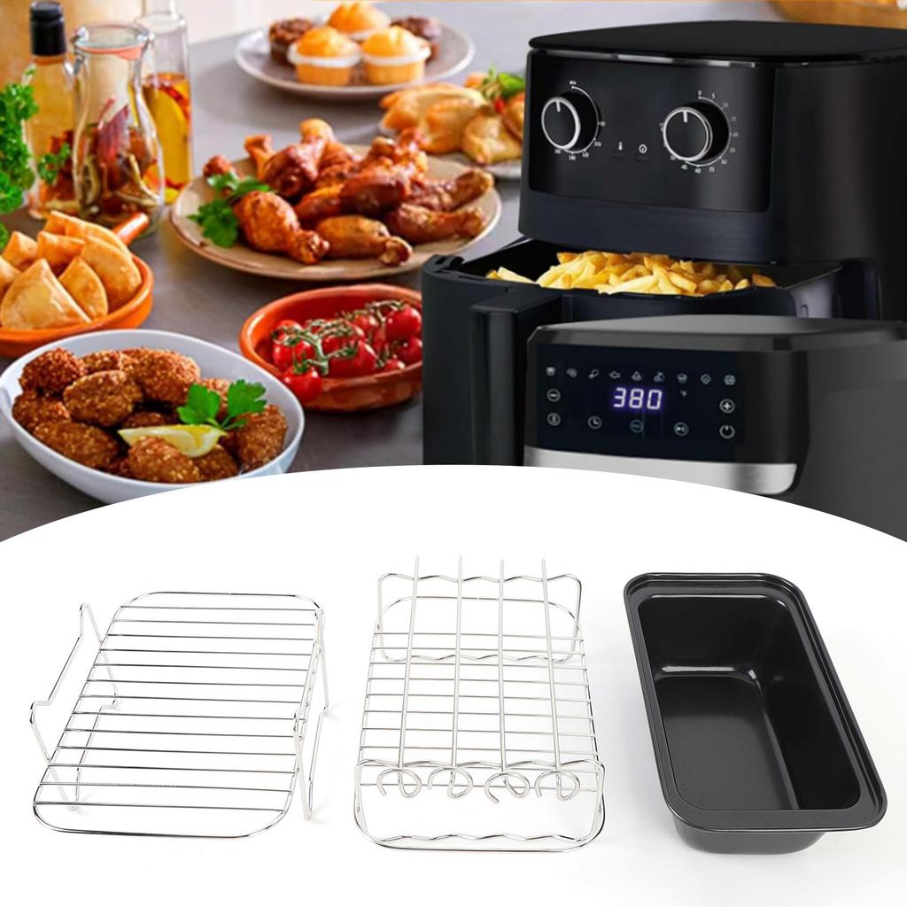 Fryer Accessories Set Grill Rack with Skewer Liners Silicone Brush Food Tong Fryer Cake Pan Stainless Steel Pan Easy To Clean