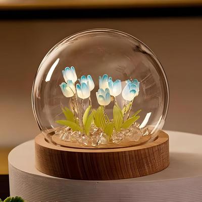 Tulpen LED Nachtlicht – Dekorative Glas Tischlampe mit 10 künstlichen Blumen, Weiches Leuchten für Schlafzimmer, Wohnzimmer, Geburtstag & Geschenke