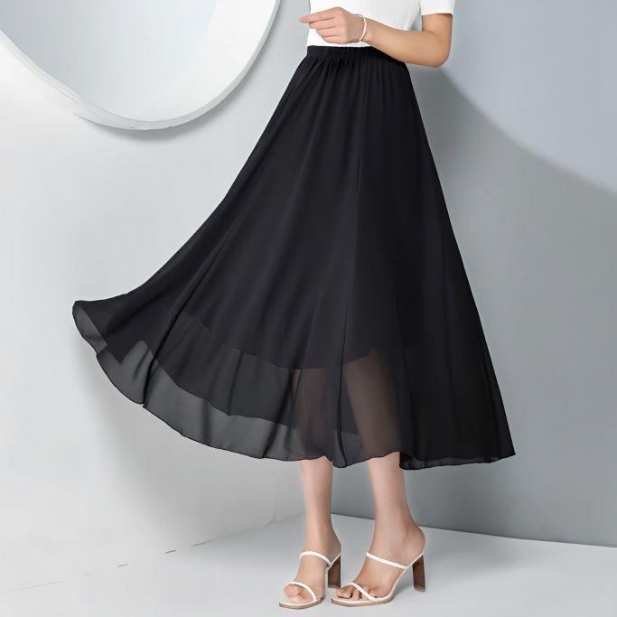Chiffon Skirt Big Swing Skirt Skirt Spring and Summer High Waist and Thin Temperament Simple Black A-shaped Long Skirt White