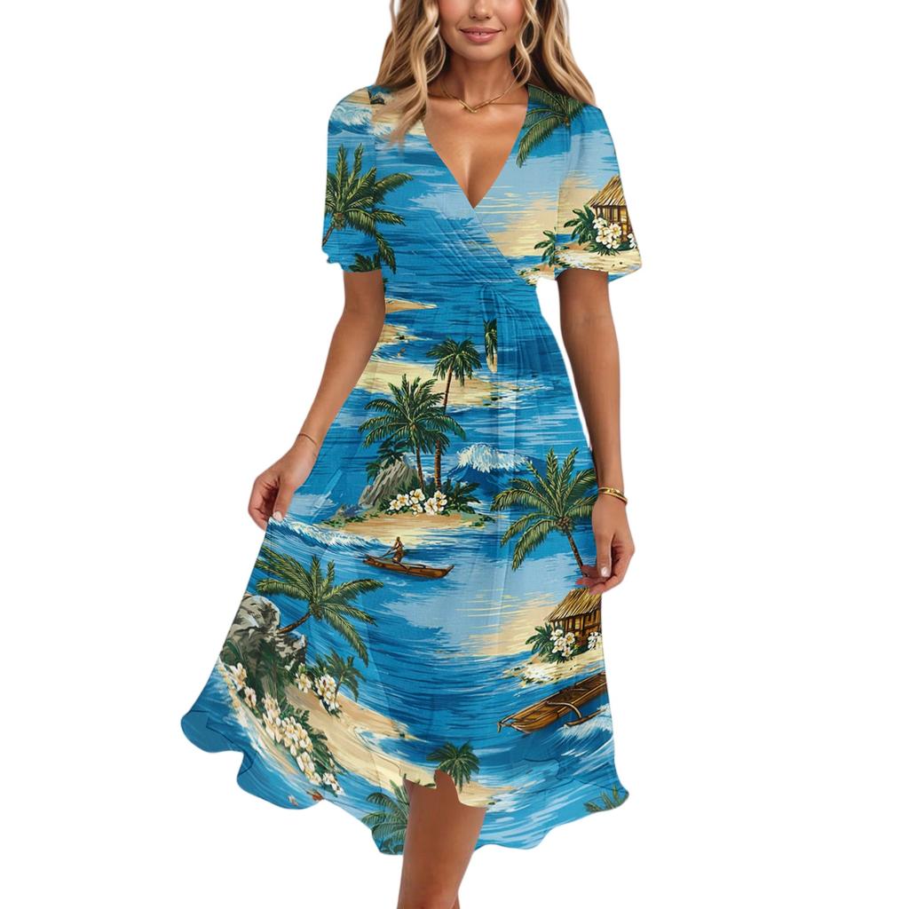 Women's Fashion Casual V Neck Short Sleeve Ruffled Vintage Printed Dresses